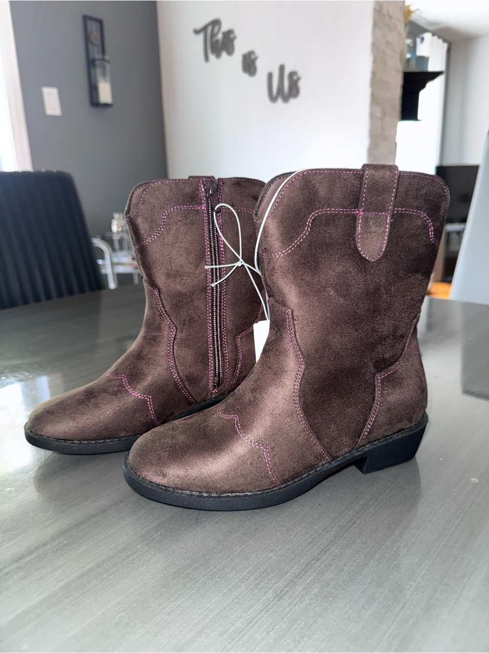 GAP Brown Suede Kids Western Boots with Pink Stitching